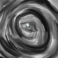 a black and white painting of an eye in a spiral