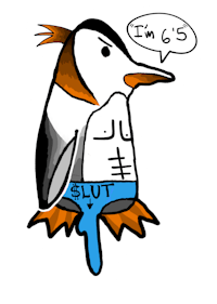 a penguin with a speech bubble saying i'm 5 slut