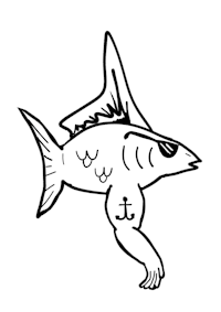 a black and white drawing of a fish on a black background